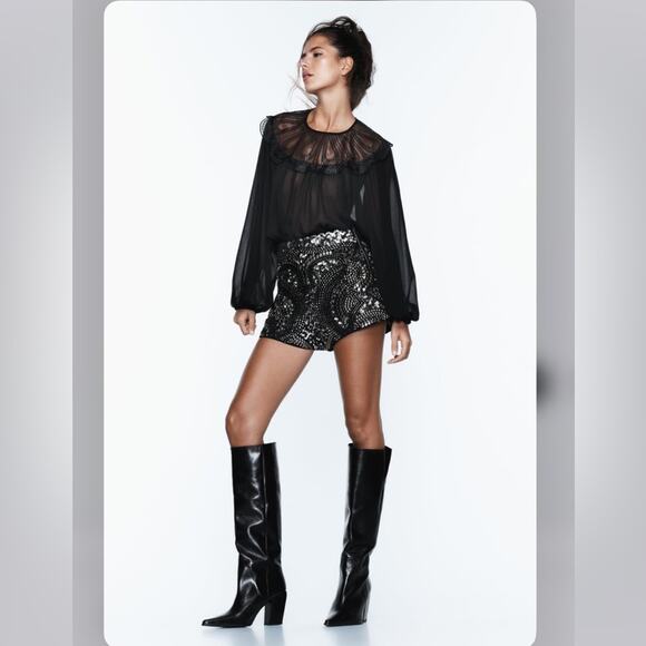 Zara Black ORGANZA BIB COLLAR BLOUSE Size Large - Picture 2 of 12